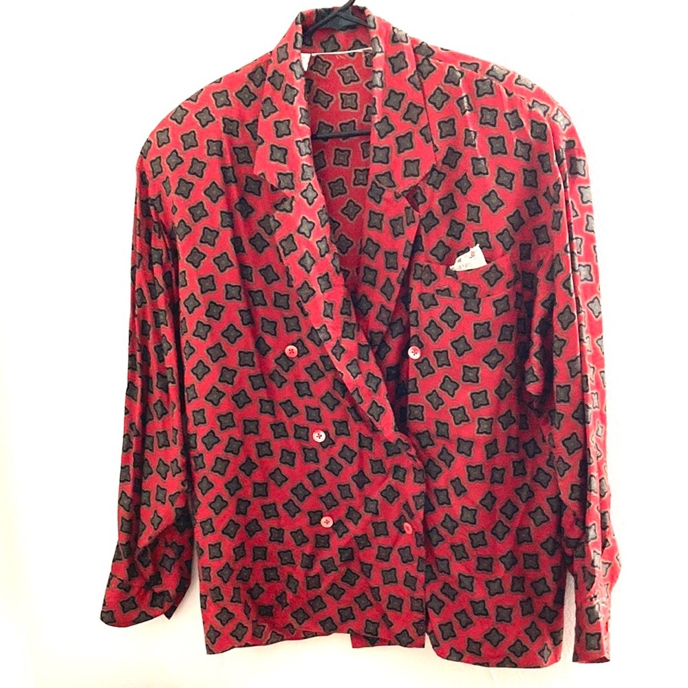 Deep Red Print Double Breasted Silk Blouse Sz 12 Vintage